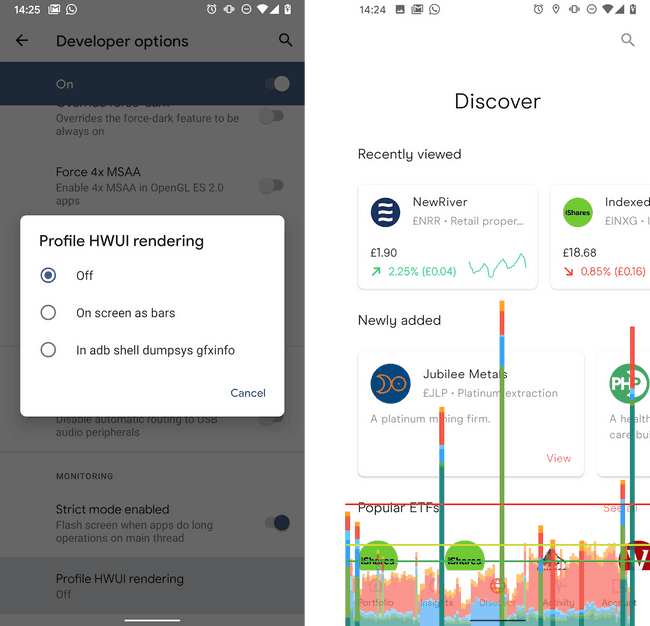 How to enable GPU rendering (left) and a demo showing it in the Freetrade app (right)By selecting the "on screen as bars" option, you get the time taken for each frame overlaid on the screen.